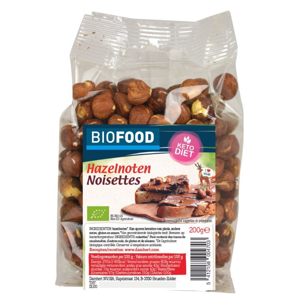 Sachet transparent de noisettes. Étiquette BIOFOOD avec nom du produit et logo Keto Diet. 200g.
