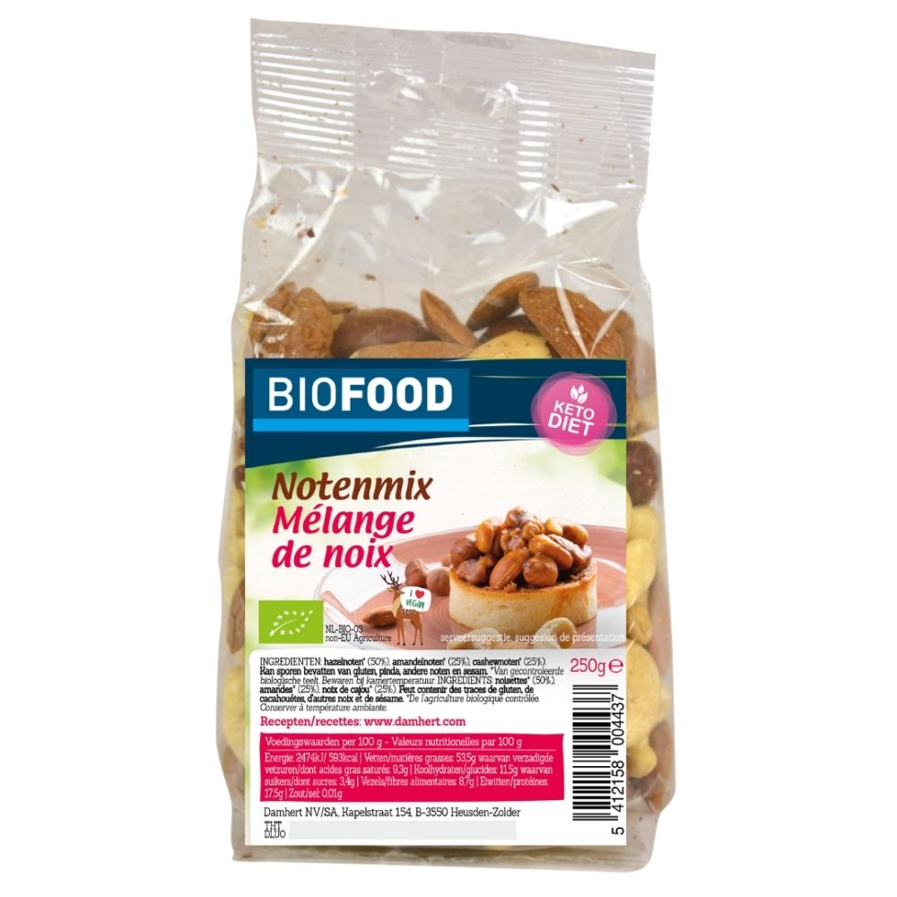 BIOFOOD Notenmix, un mélange de noix et de graines dans un sachet transparent avec étiquette.
