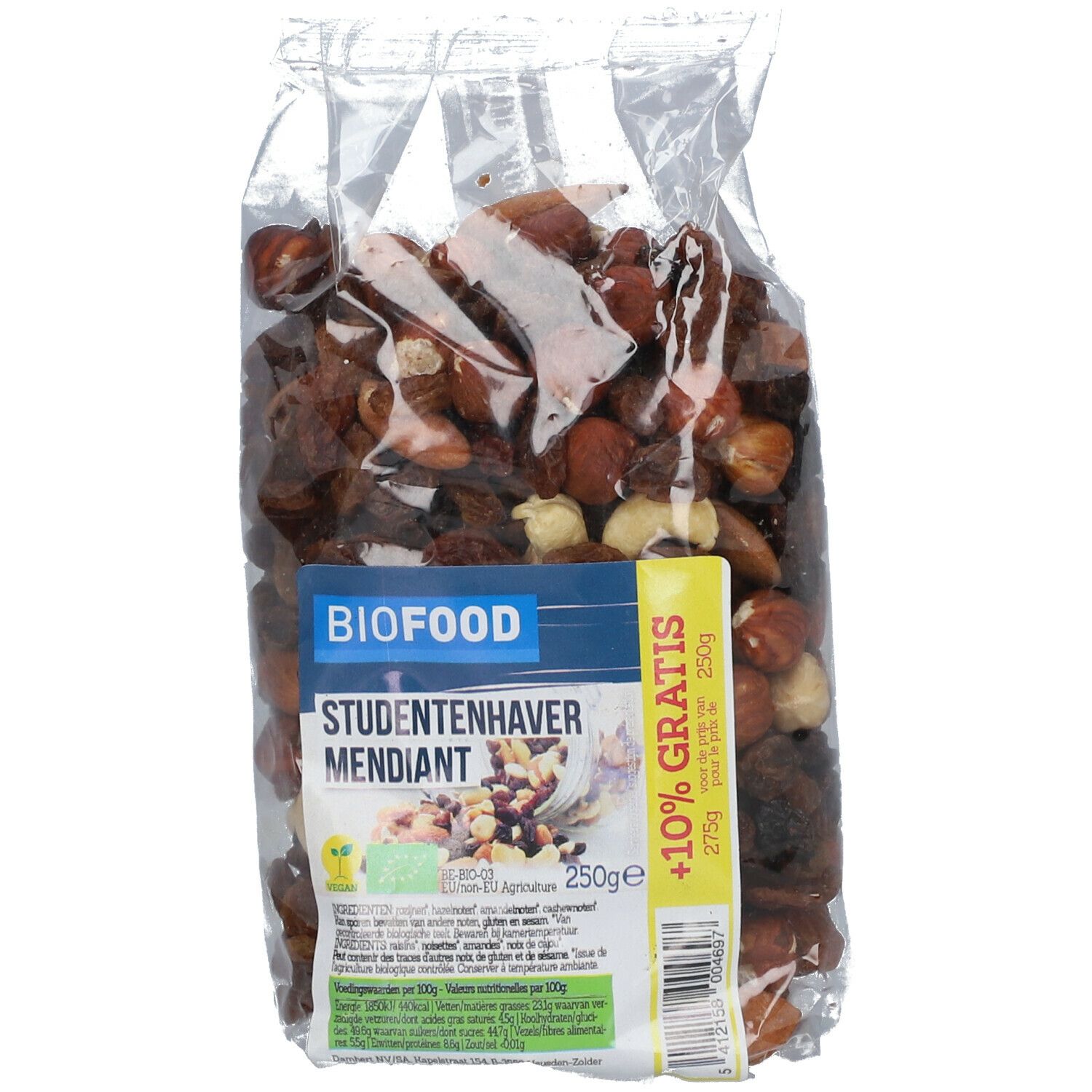 Biofood Studentenhaver Mendiant. Emballage transparent avec noix et fruits secs. Label bio.