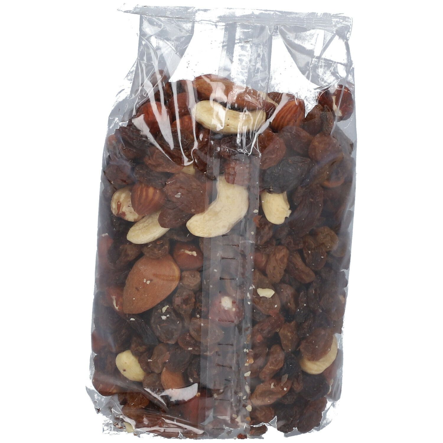 Biofood Studentenhaver Mendiant. Vue de côté. Emballage transparent avec noix et fruits secs.