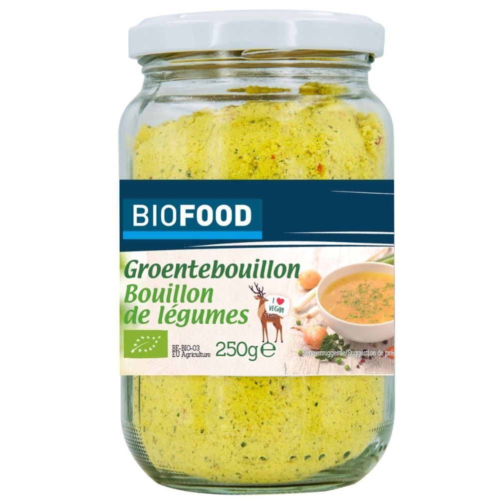 Bouillon de légumes BIOFOOD en pot, 250g. Avec label Bio et image d'une soupe de légumes.