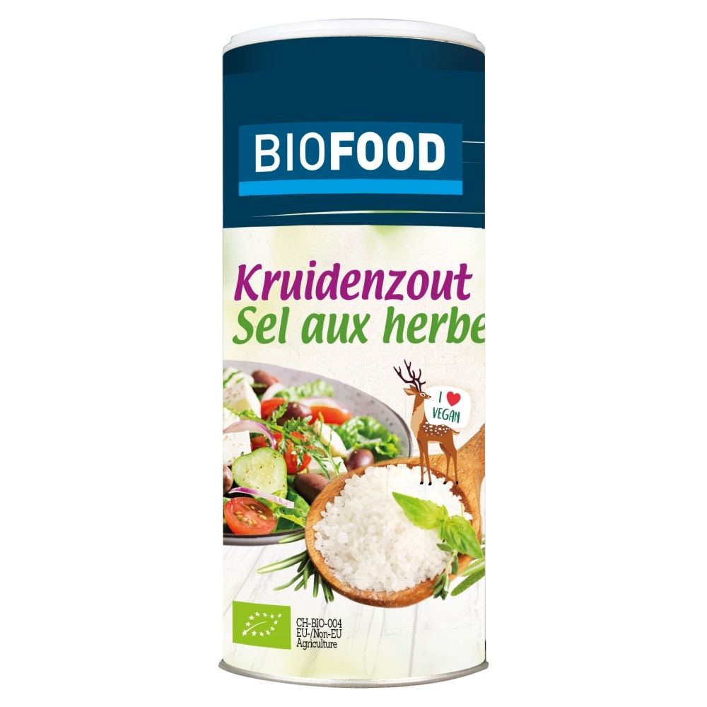 Boîte d'herbes salées avec illustration de salade, symboles "Bio" et "Vegan".