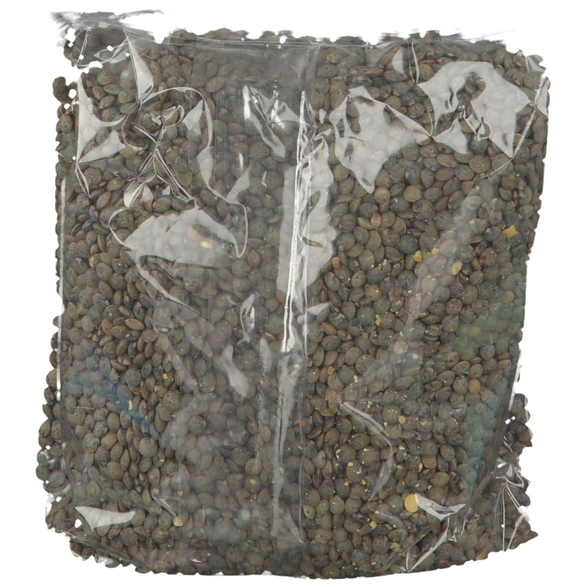 Sachet transparent rempli de lentilles vertes. Les lentilles sont visibles à travers l'emballage.