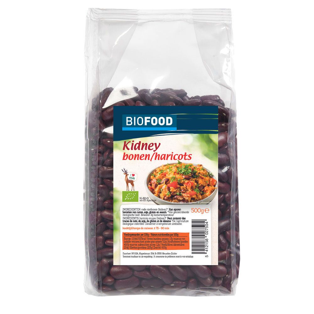 Sachet transparent de haricots rouges. Étiquette avec nom du produit, logo BIOFOOD et image d'un plat.