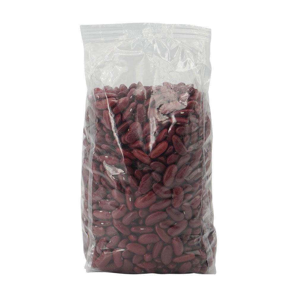 Emballage transparent contenant des haricots rouges. Le contenu est clairement visible.