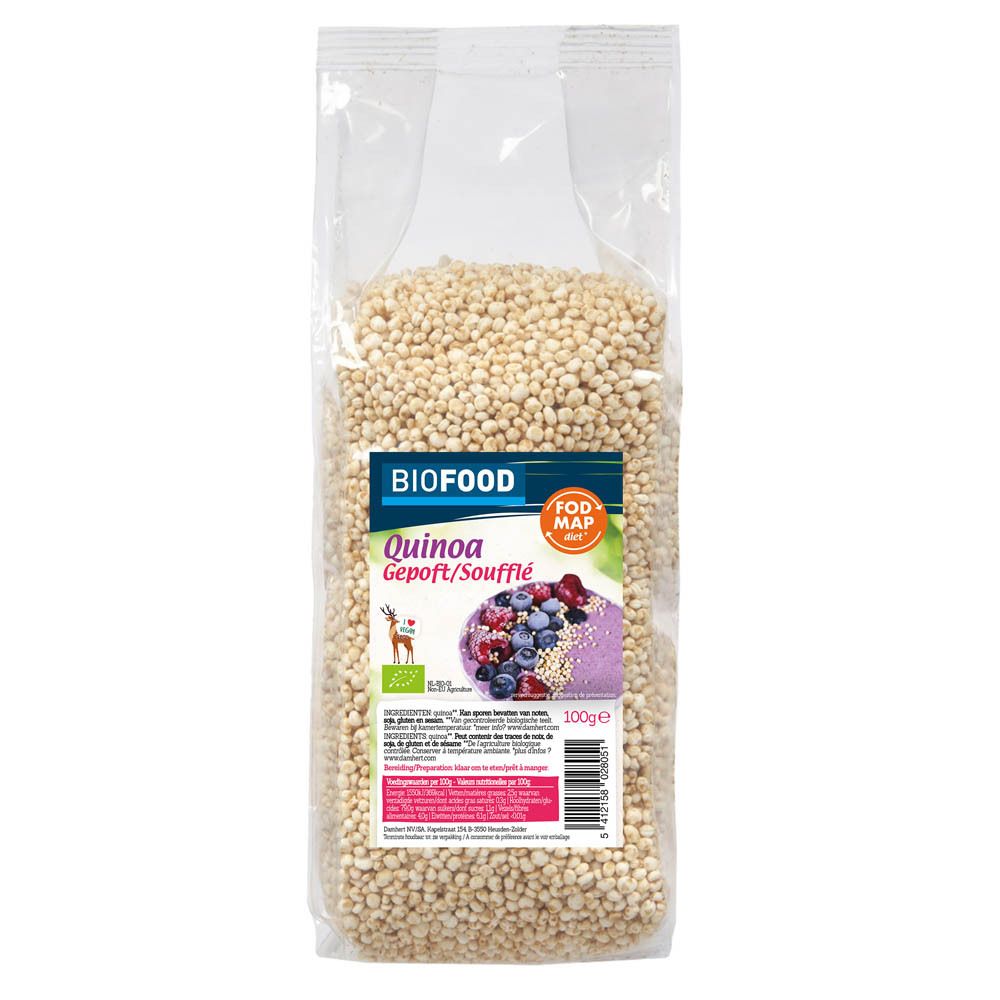 Quinoa soufflé en emballage transparent. Étiquette BIOFOOD avec nom du produit et informations nutritionnelles.