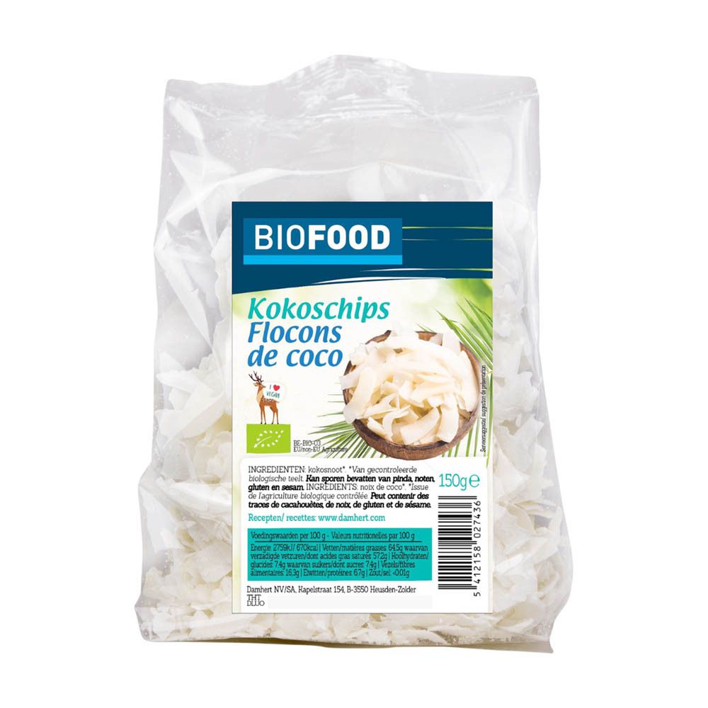 BIOFOOD Kokoschips en emballage transparent. Étiquette avec nom du produit, logo et informations nutritionnelles. Label bio.