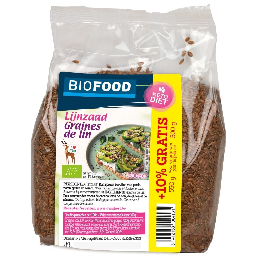 BIOFOOD Graines de lin, sachet de 500g avec label Bio et indication Keto Diet.