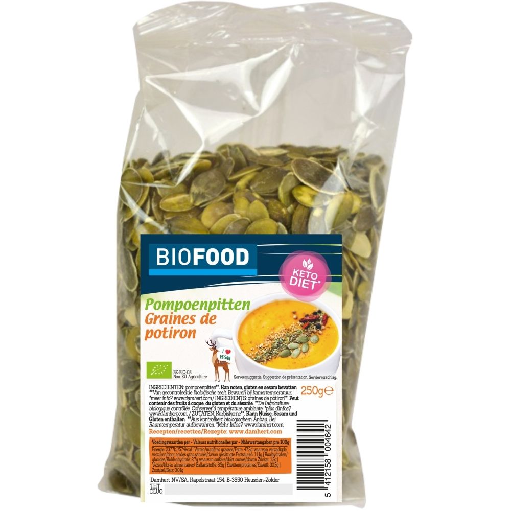 Graines de potiron BIOFOOD Bio, 250g, avec label Bio et mention 'Keto Diet'.