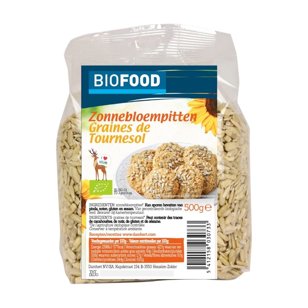 Graines de tournesol BIOFOOD, sachet de 500g. Certifié bio.