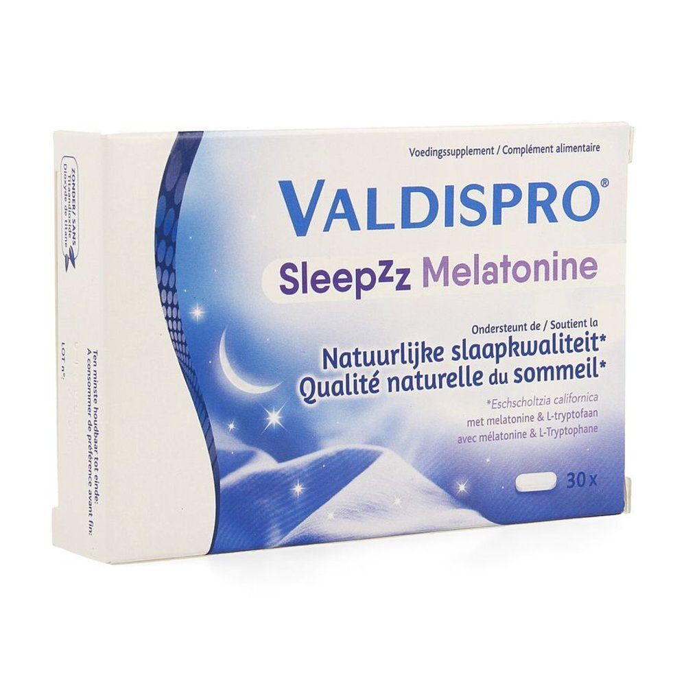 Boîte VALDISPRO Sleepzz Melatonine. Vagues bleues, lune et étoiles. 30 comprimés.