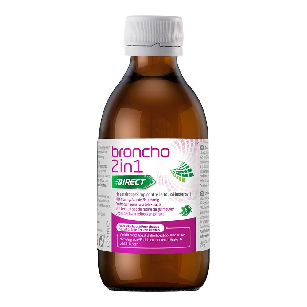 Bouteille de liquide brun avec bouchon blanc, à côté de l'emballage. Inscription : broncho 2in1 direct. Texte en néerlandais.
