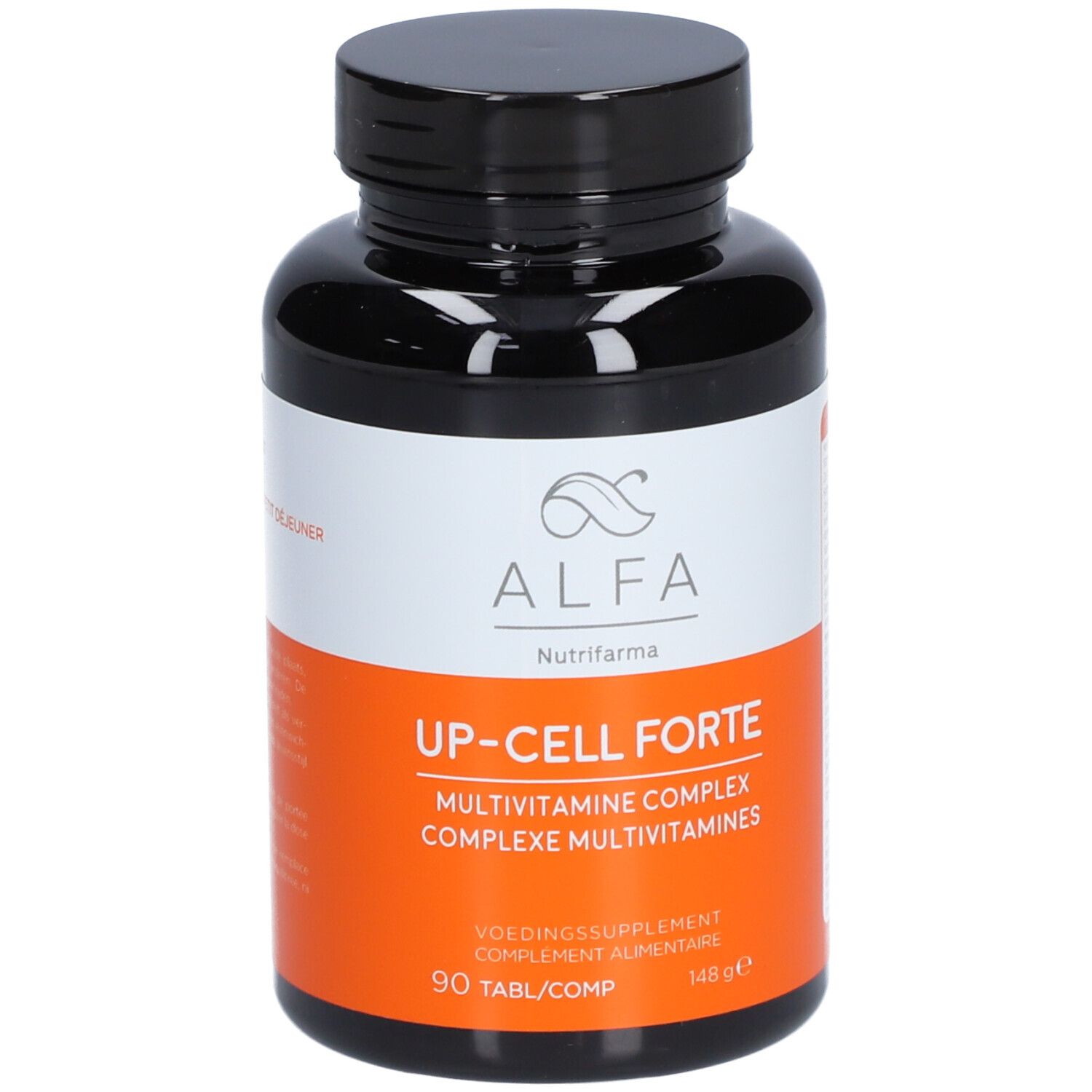 Flacon noir avec étiquette blanche et orange. Inscription: Alfa Up-Cell Forte, complexe multivitaminé. 90 comprimés.