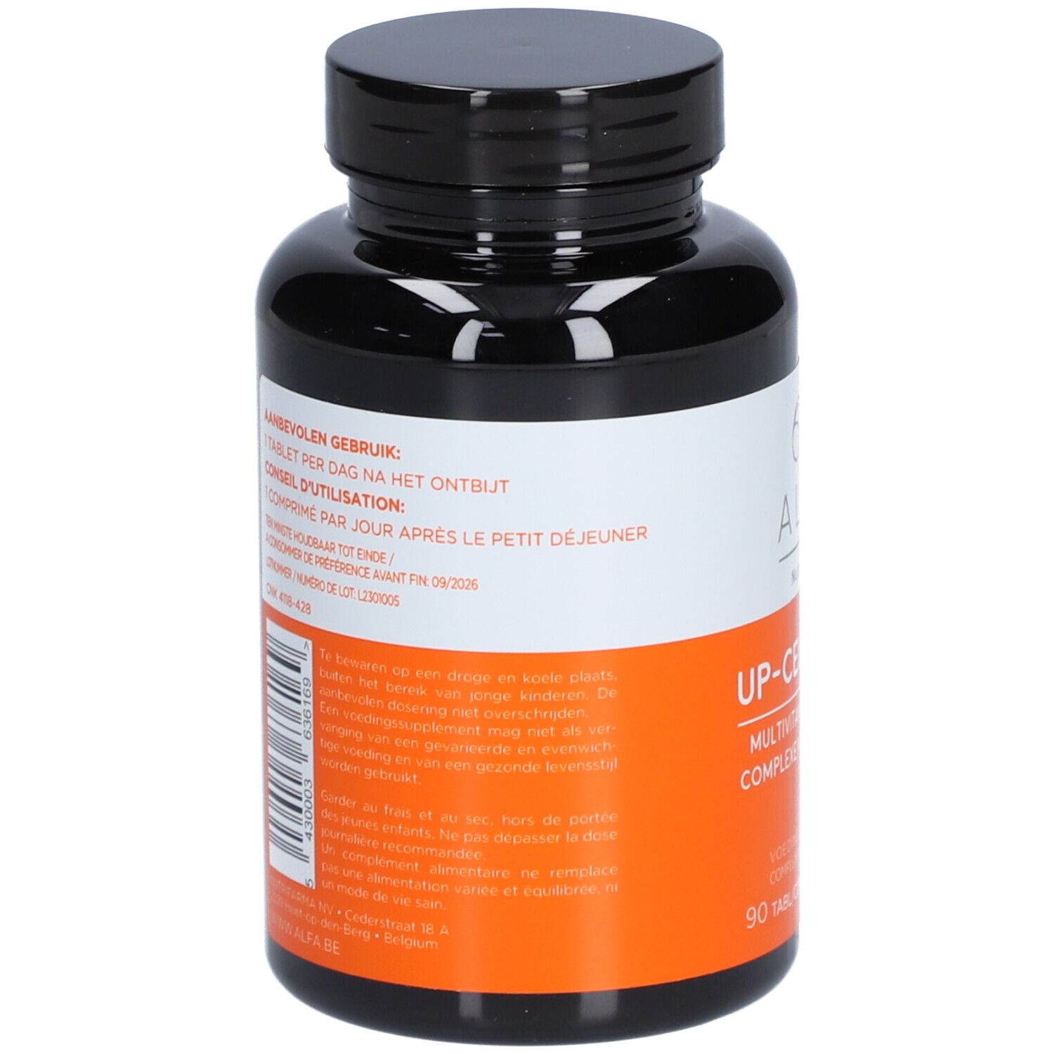 Dos d'un flacon noir avec étiquette blanche et orange. Texte en plusieurs langues. Contient des informations d'utilisation.