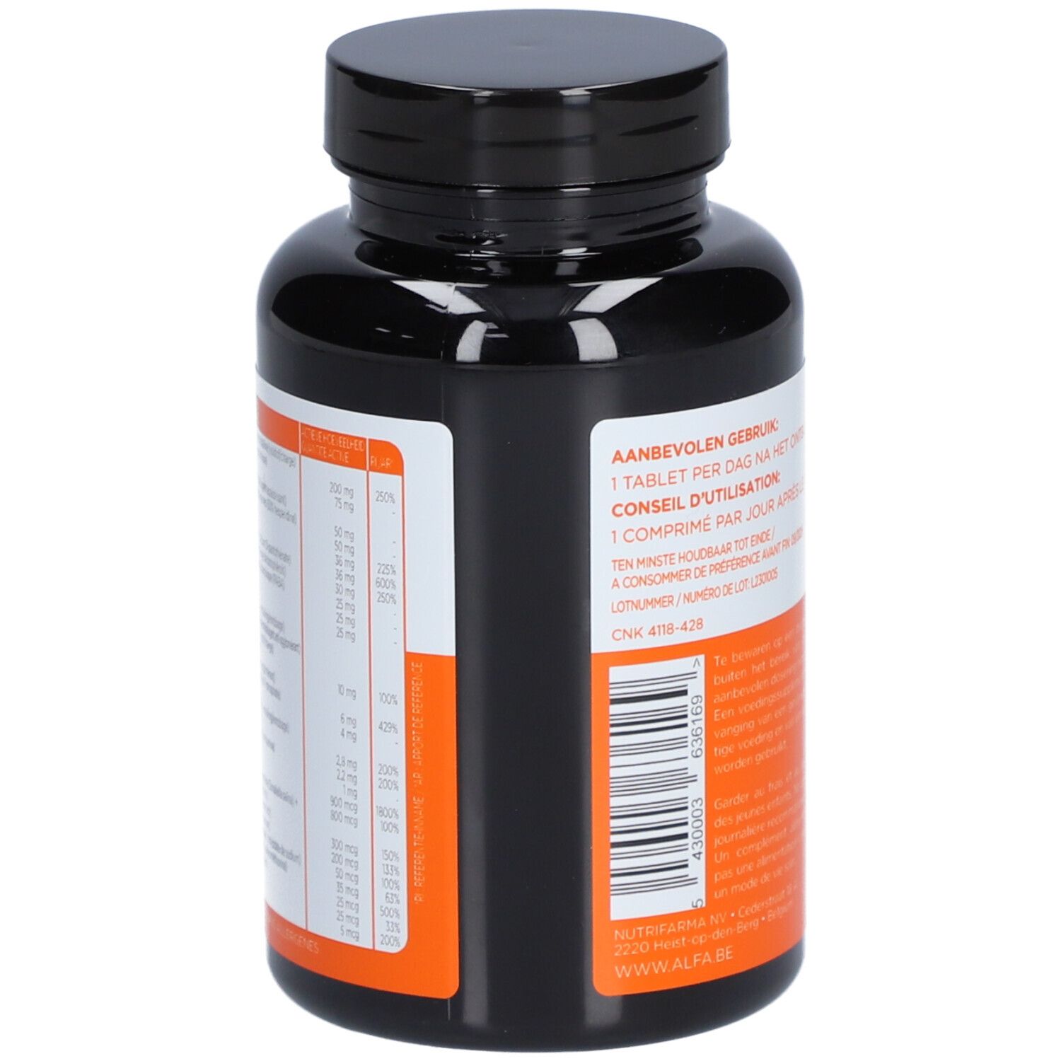 Flacon noir avec étiquette blanche et orange. Contient des informations d'utilisation et des informations nutritionnelles.