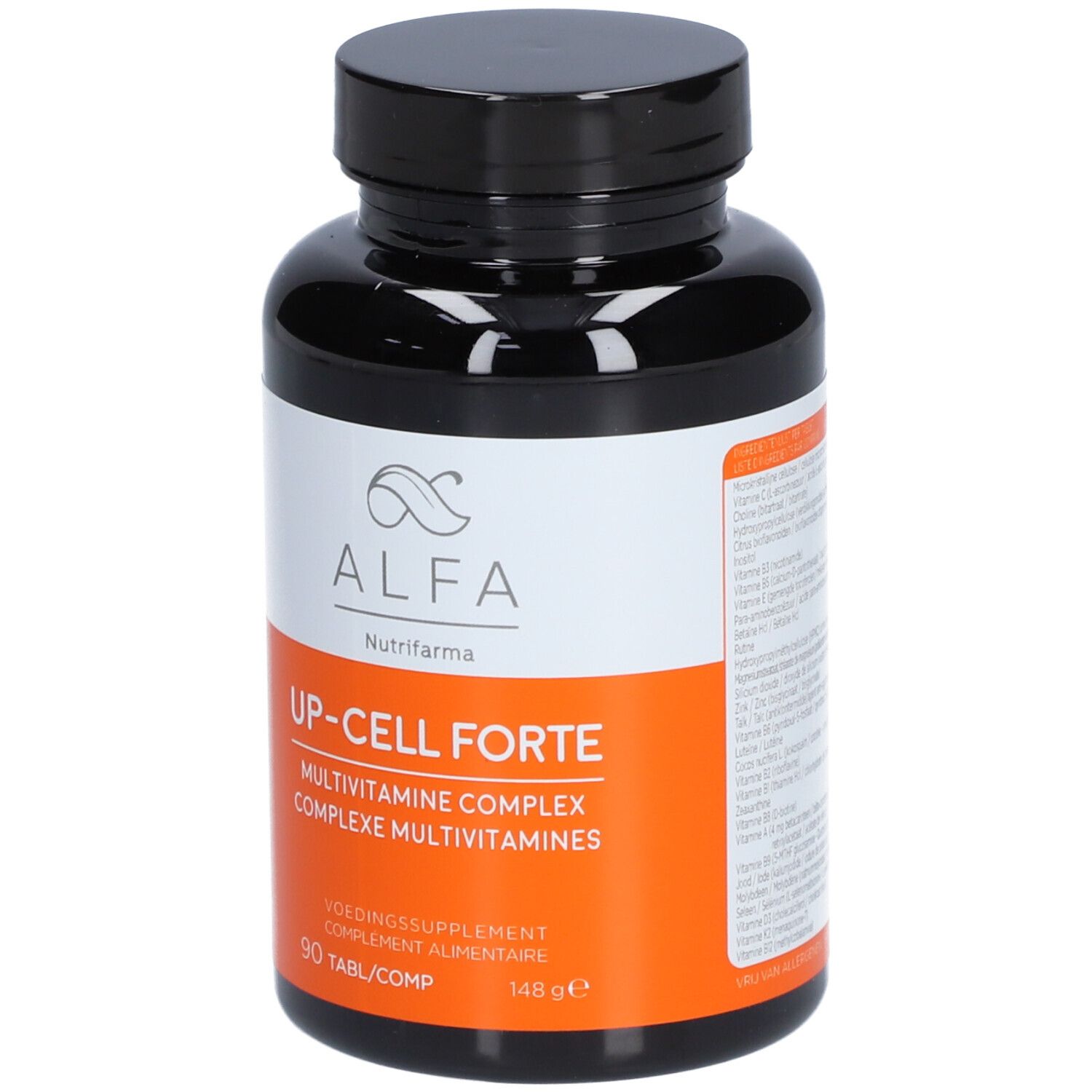 Flacon noir avec étiquette blanche et orange. Inscription: Alfa Up-Cell Forte, complexe multivitaminé. 90 comprimés.
