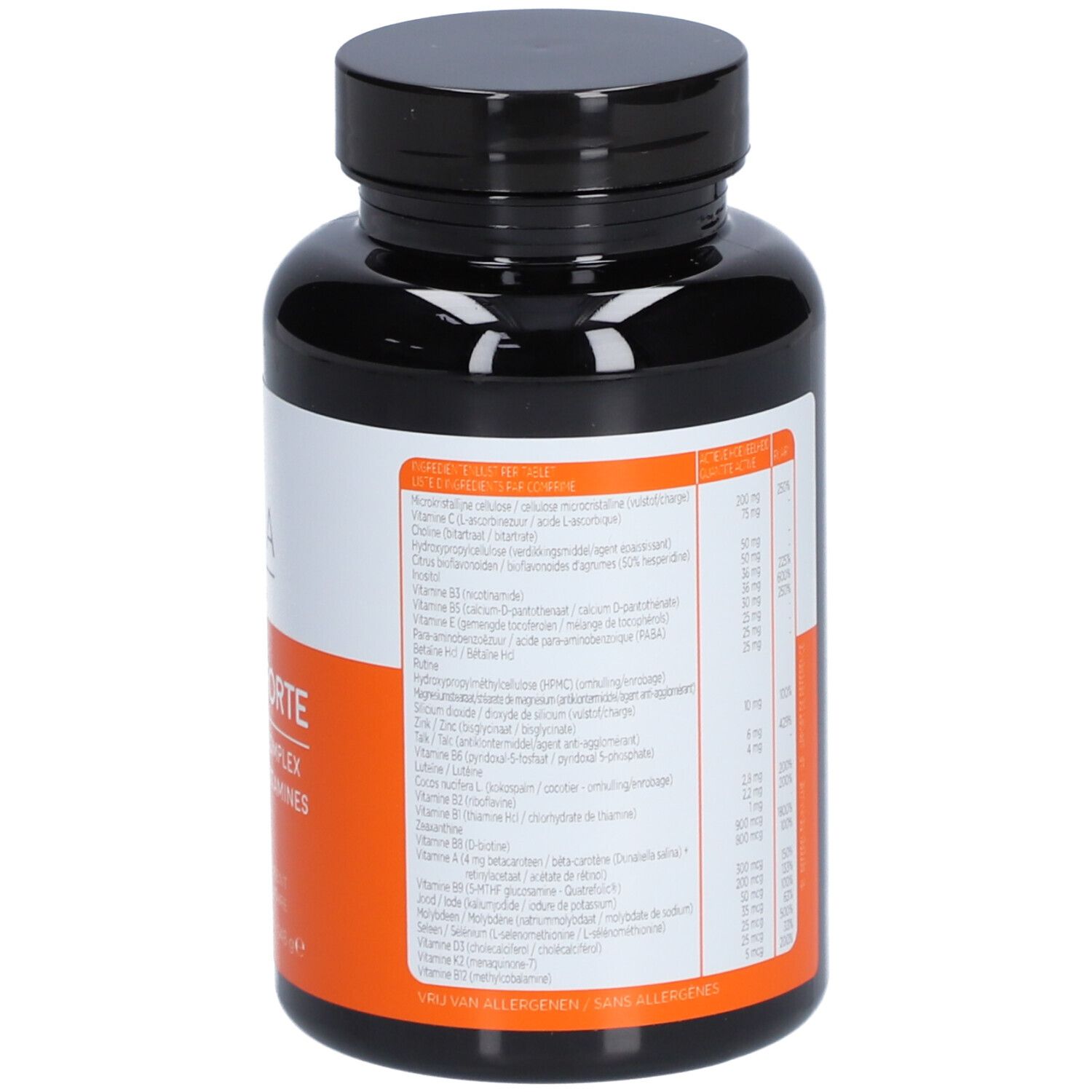 Dos d'un flacon noir avec étiquette blanche et orange. Contient des informations nutritionnelles et des ingrédients.