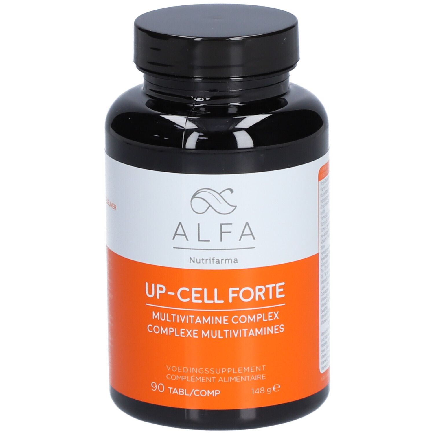 Flacon noir avec étiquette blanche et orange. Inscription: Alfa Up-Cell Forte, complexe multivitaminé. 90 comprimés.