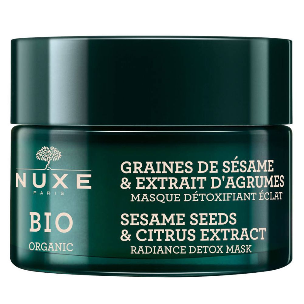 Pot vert foncé NUXE BIO Radiance Detox Mask. Texte : Graines de sésame & extrait d'agrumes. Certification bio.