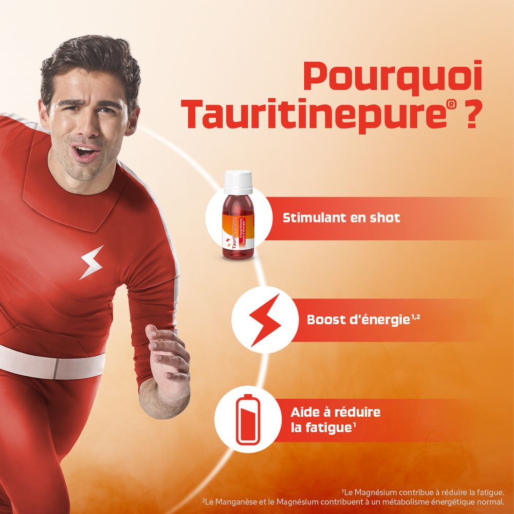 Homme en combinaison rouge. À côté, un flacon de TAURITINEPURE. Représentation graphique d'énergie et de fatigue.