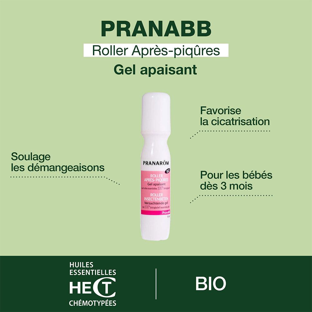 Roller blanc avec étiquette rose. Texte: PRANABB, Roller Après-piqûres, Gel apaisant. Certification Bio.