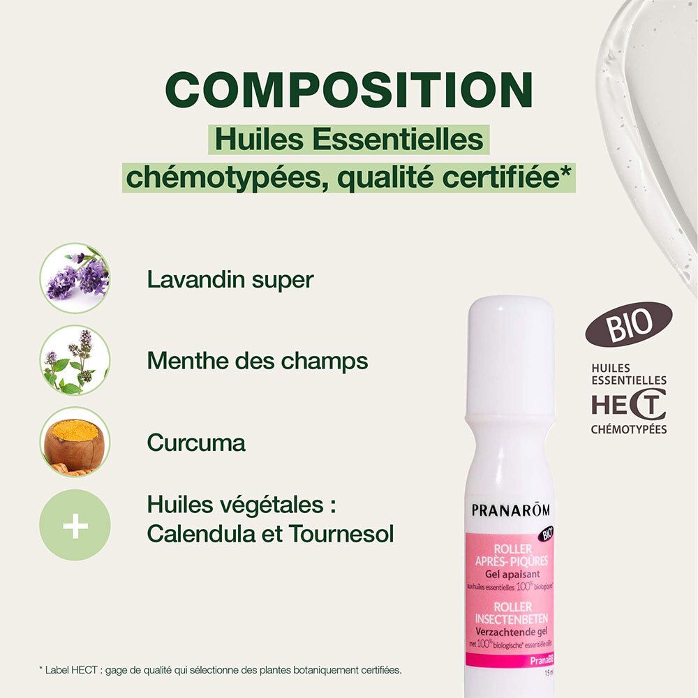Composition: Huiles essentielles. Lavandin, menthe des champs, curcuma. Huiles végétales: Calendula, tournesol. Logo Bio.