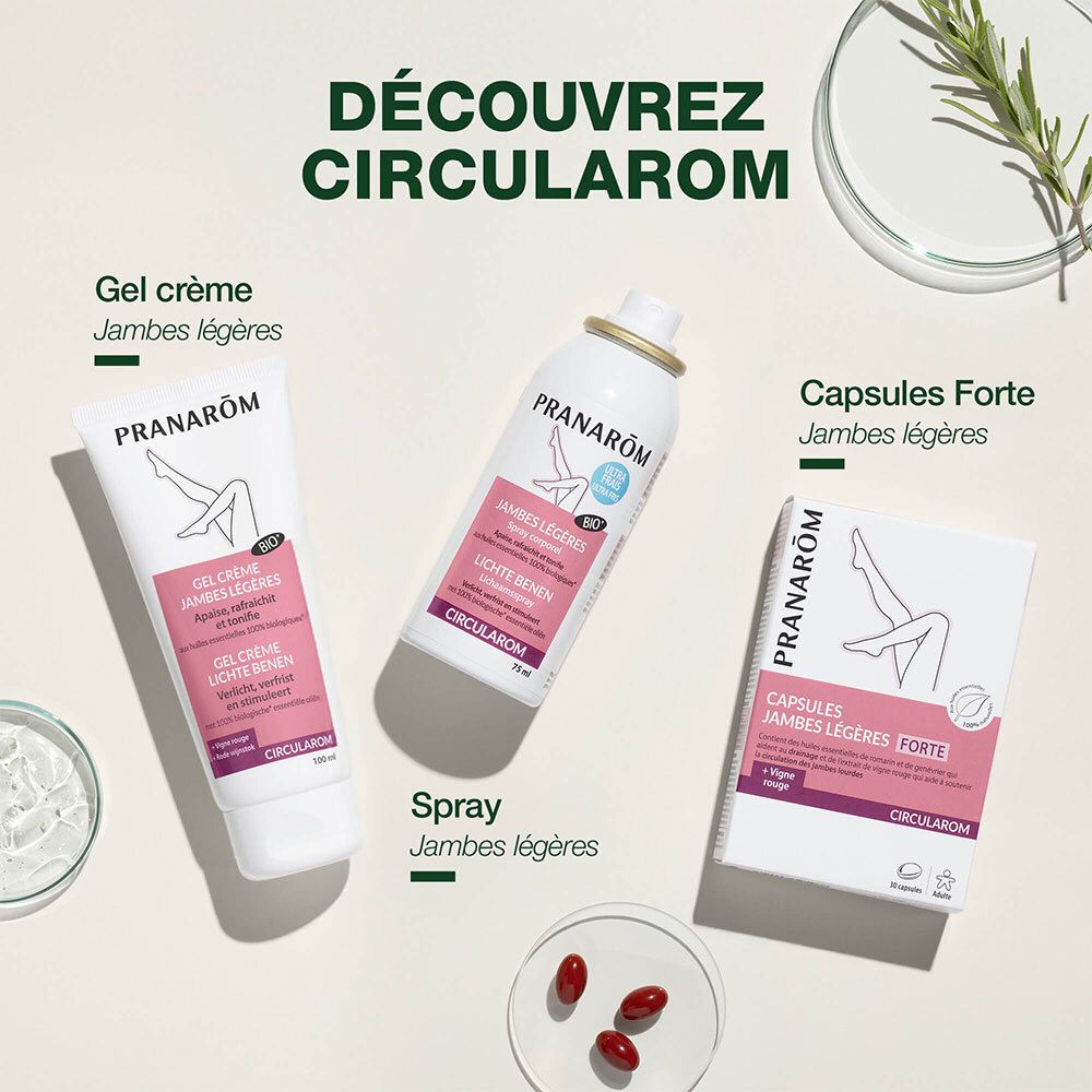 Trois produits : gel, spray et gélules. Tous nommés Circularom. Gel et gélules en emballage.