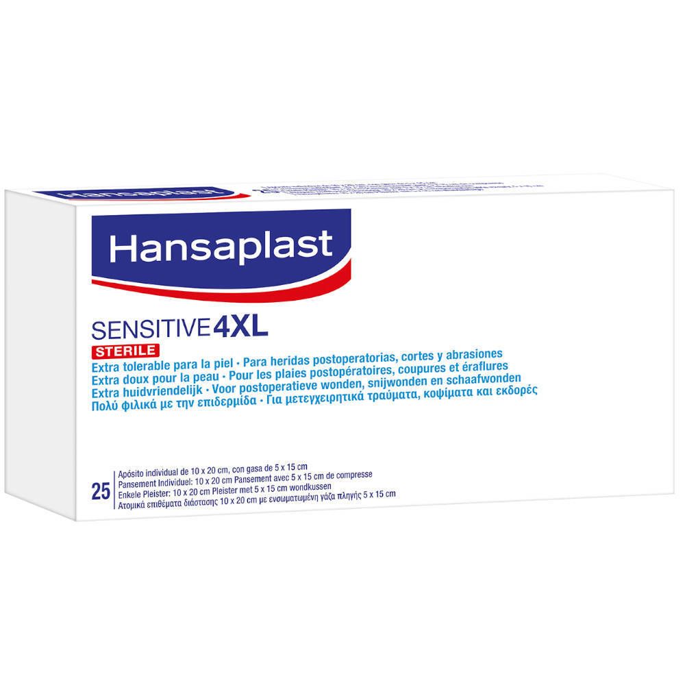 Emballage Hansaplast Sensitive 4XL Stérile. Blanc, avec logo et nom du produit. 25 pièces. Texte multilingue.