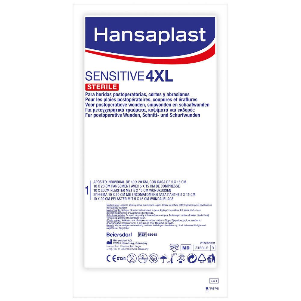 Emballage Hansaplast Sensitive 4XL Stérile. Blanc, avec informations produit. 1 pièce. Marquage dispositif médical.