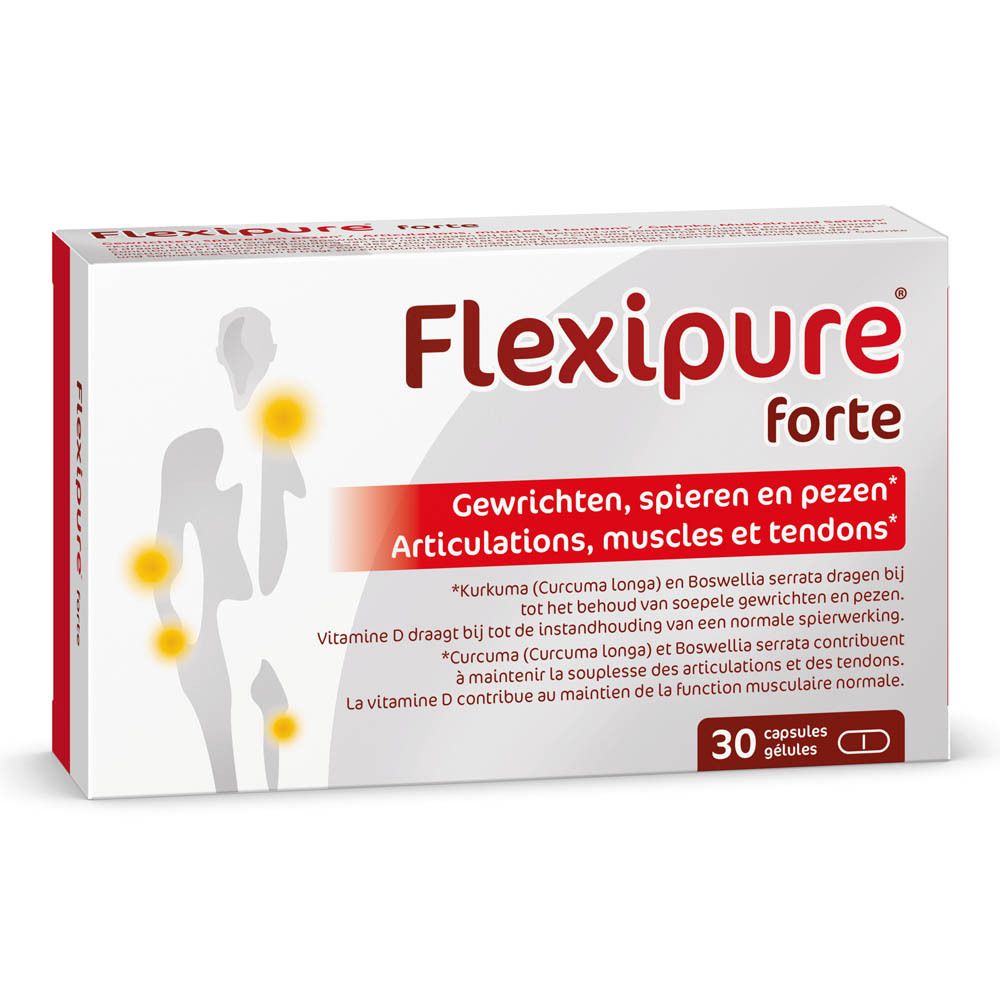 Boîte FlexiPure forte. Carton blanc avec accent rouge. Contient 30 gélules. Vegan. Inscription du nom du produit et des ingrédients.