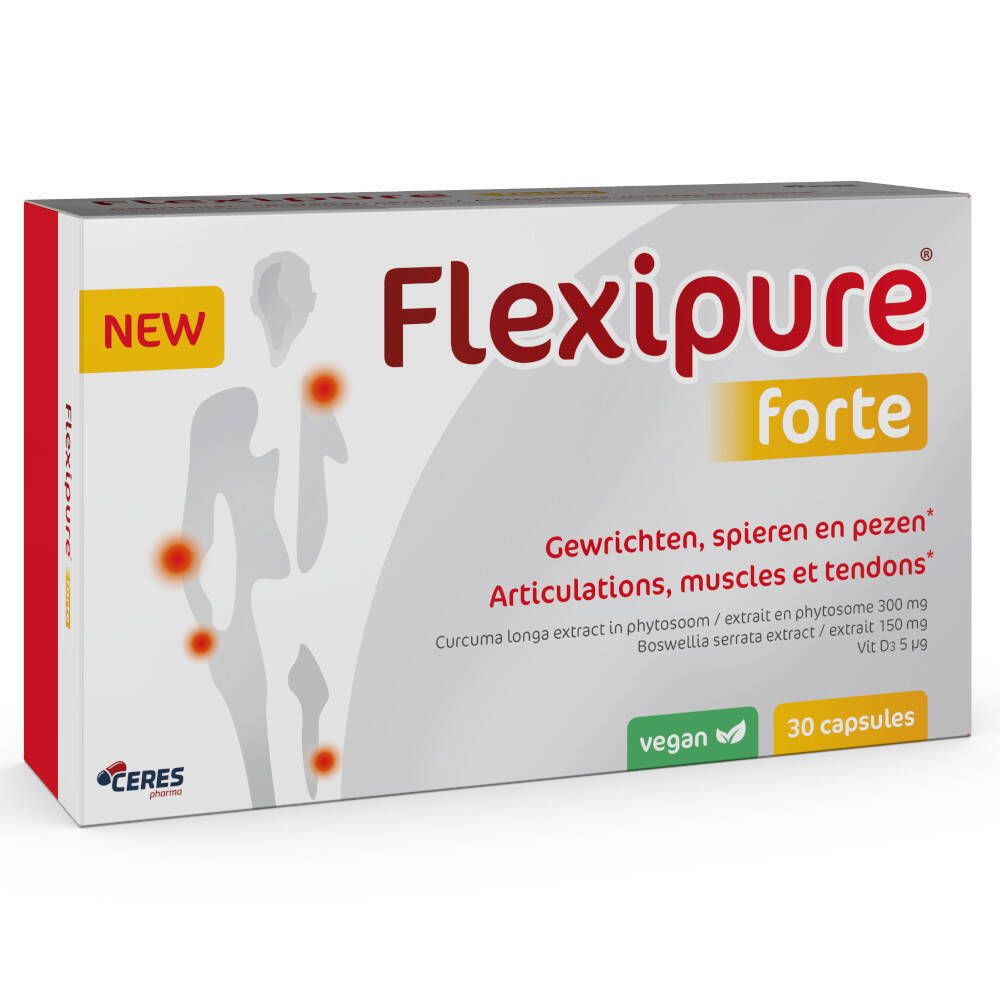 Boîte FlexiPure forte. Carton blanc avec accent rouge. Contient 30 gélules. Vegan. Inscription du nom du produit et des ingrédients.
