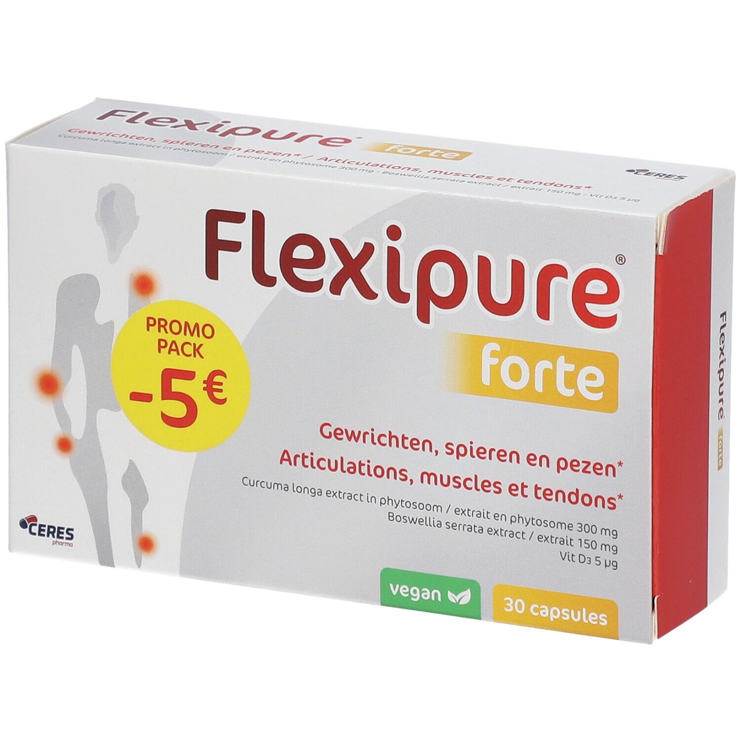 Pack FlexiPure Forte. Boîte blanche avec accents rouges et jaunes. Contient 30 gélules. Vegan.