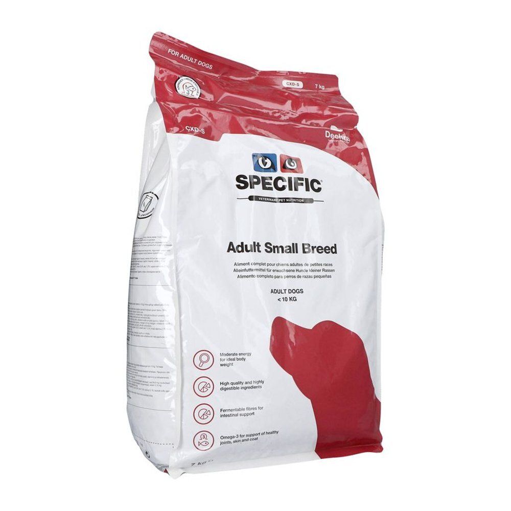 Sac de nourriture sèche pour chiens. Inscription : SPECIFIC Adult Small Breed. Chien rouge sur fond blanc. Pour chiens de moins de 10 kg.