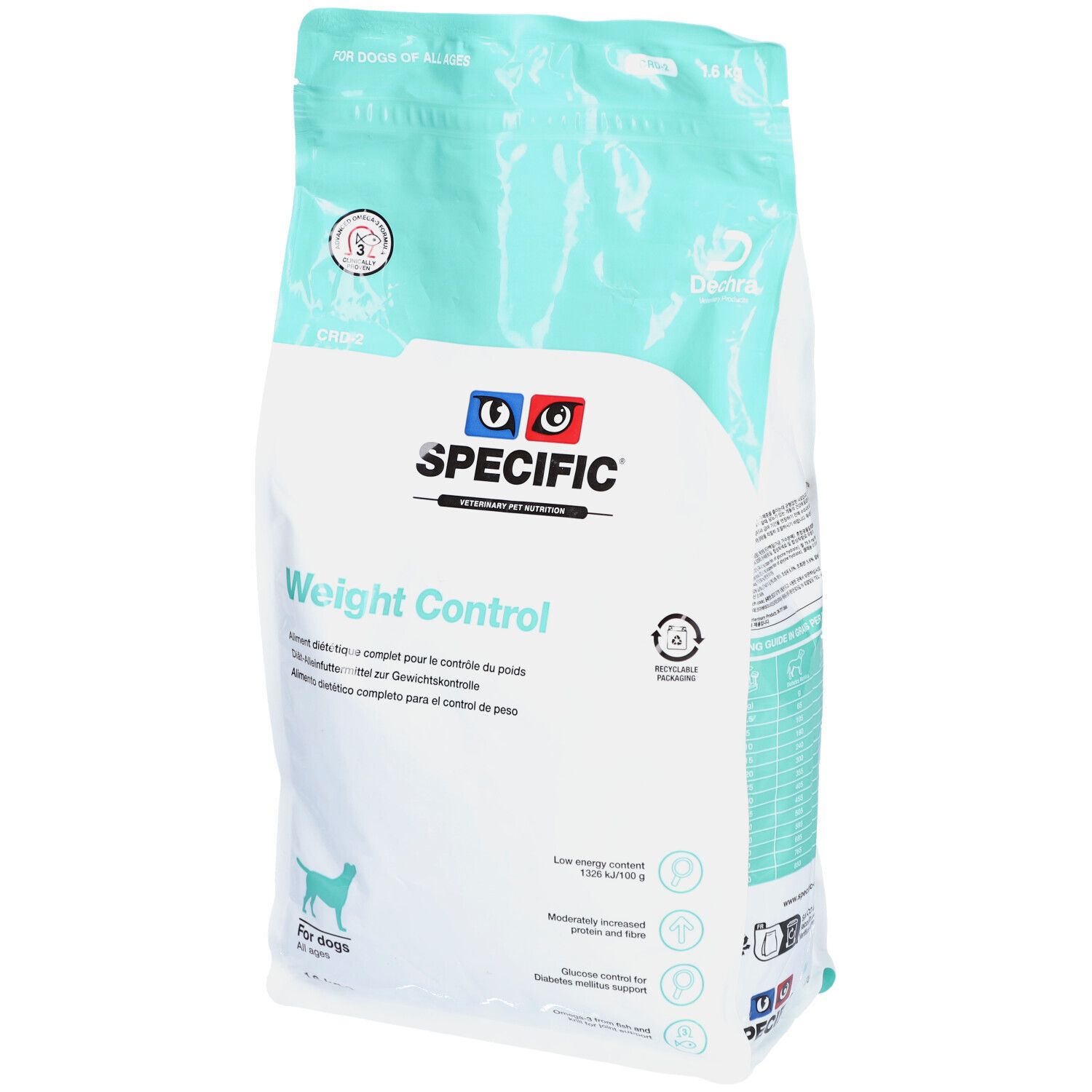 Sac de nourriture pour animaux SPECIFIC Weight Control. Pour chiens. Emballage bleu clair et blanc. Sceau et symbole de recyclage.