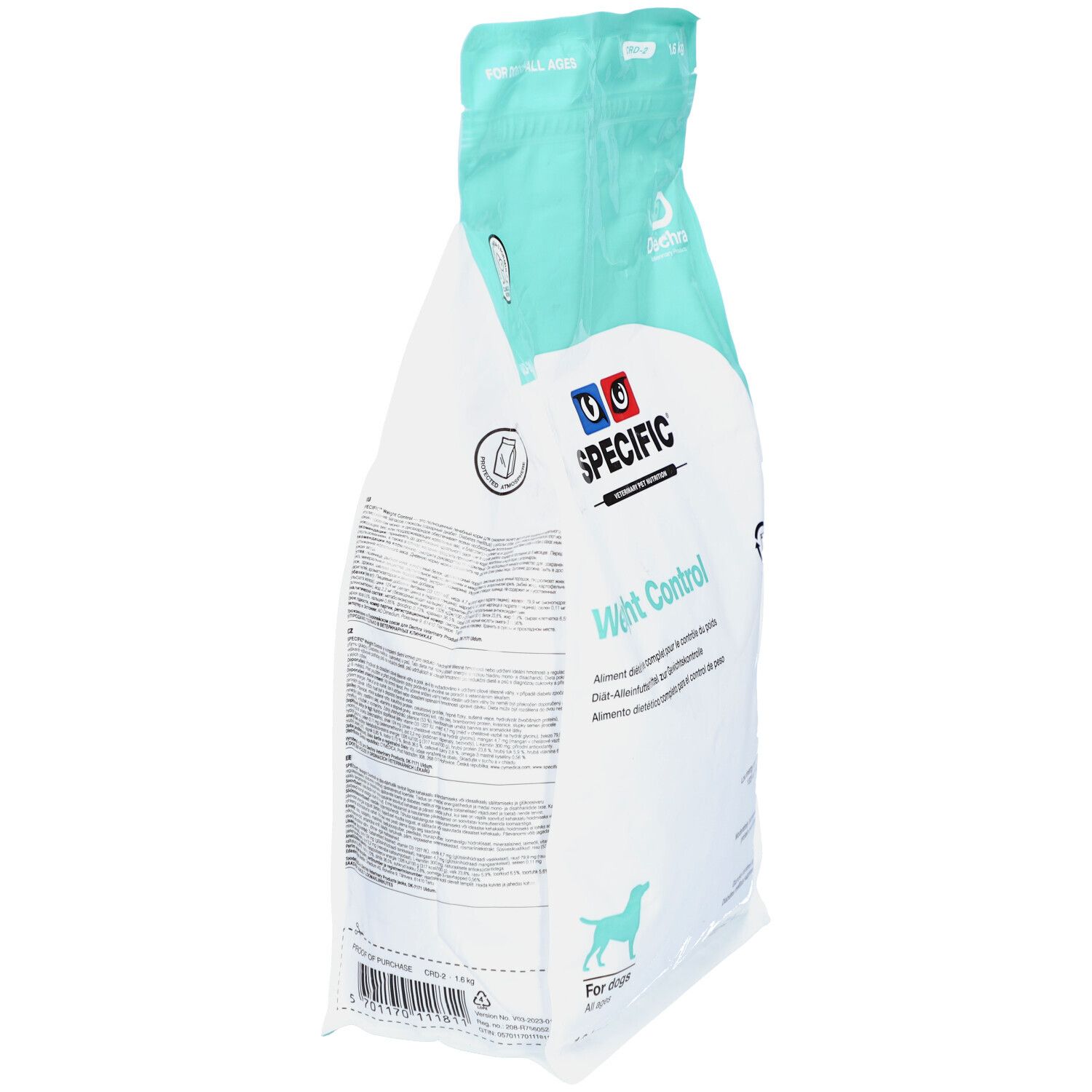 Vue du sac de nourriture pour animaux. SPECIFIC Weight Control. Pour chiens. Emballage bleu clair et blanc. Vue latérale.