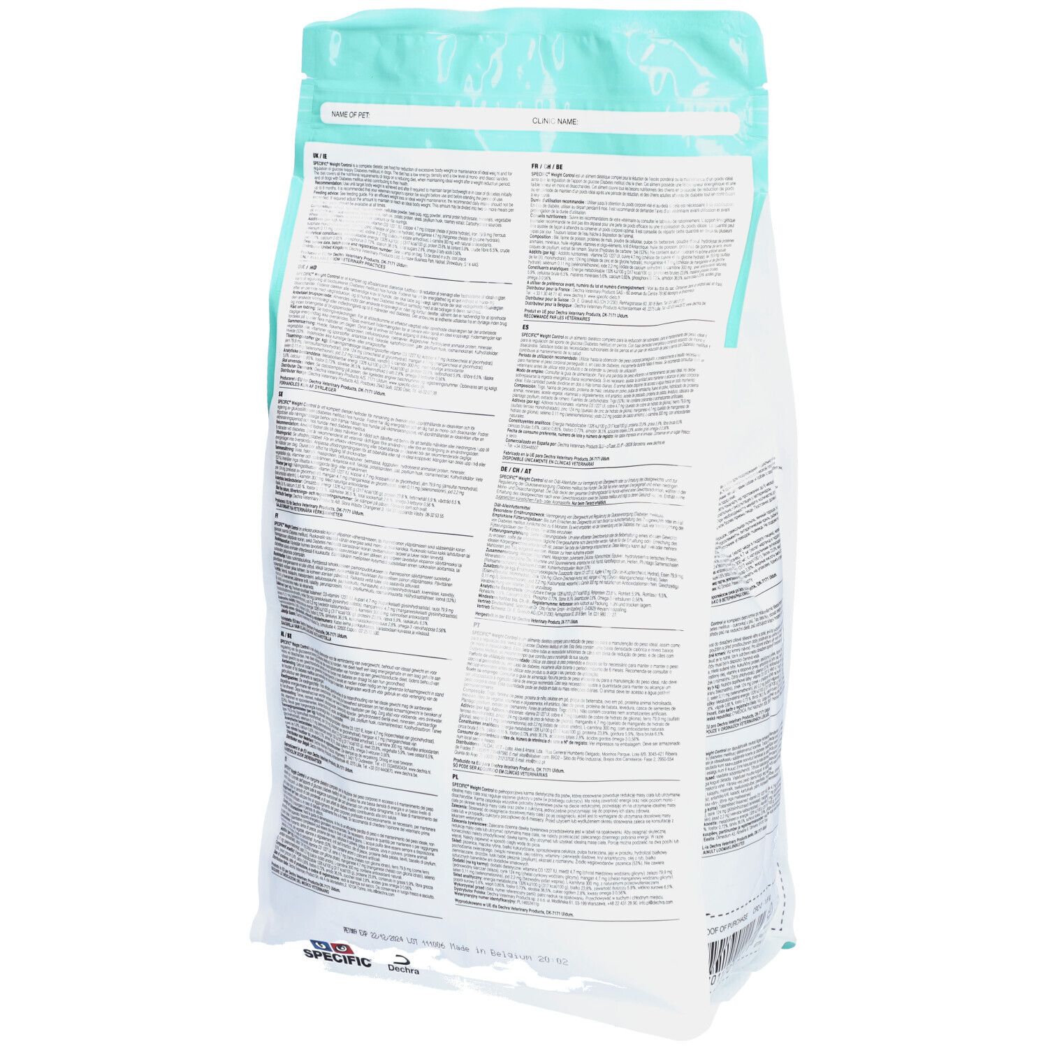 Vue arrière du sac de nourriture pour animaux. Informations textuelles. Emballage bleu clair et blanc. Symbole de recyclage.