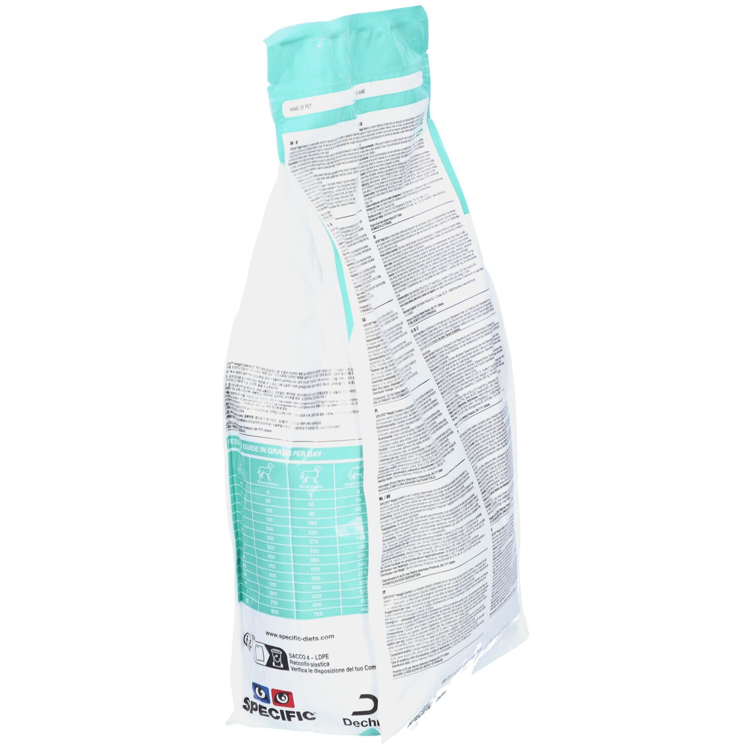 Vue latérale du sac de nourriture pour animaux. Informations textuelles. Emballage bleu clair et blanc. Symbole de recyclage.