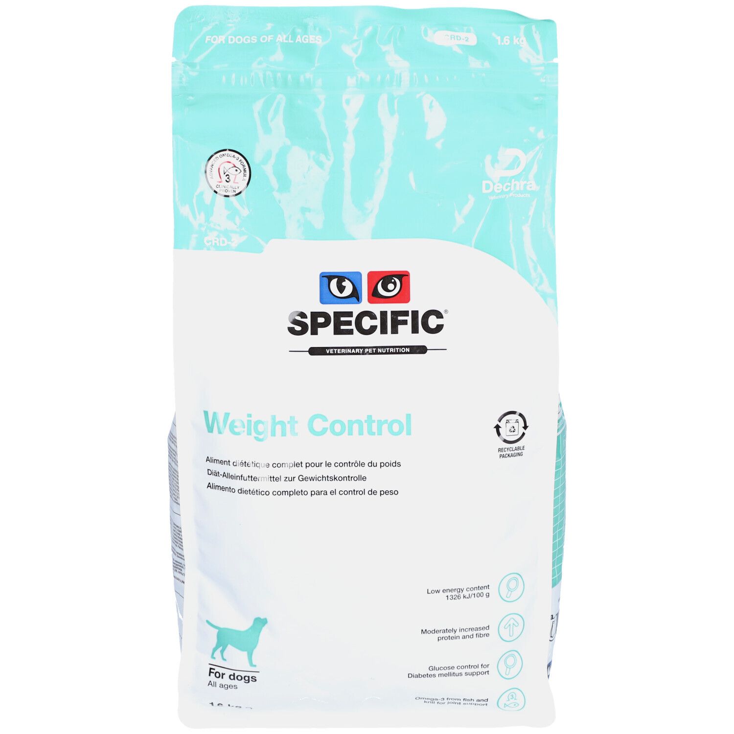 Sac de nourriture pour animaux. SPECIFIC Weight Control. Pour chiens. Emballage bleu clair et blanc. Sceau et recyclage.