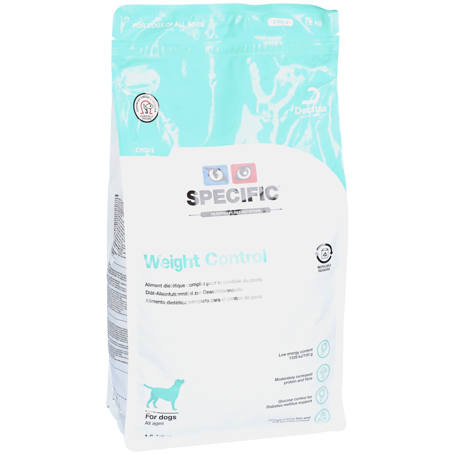 Sac de nourriture pour animaux. SPECIFIC Weight Control. Pour chiens. Emballage bleu clair et blanc. Sceau et recyclage.