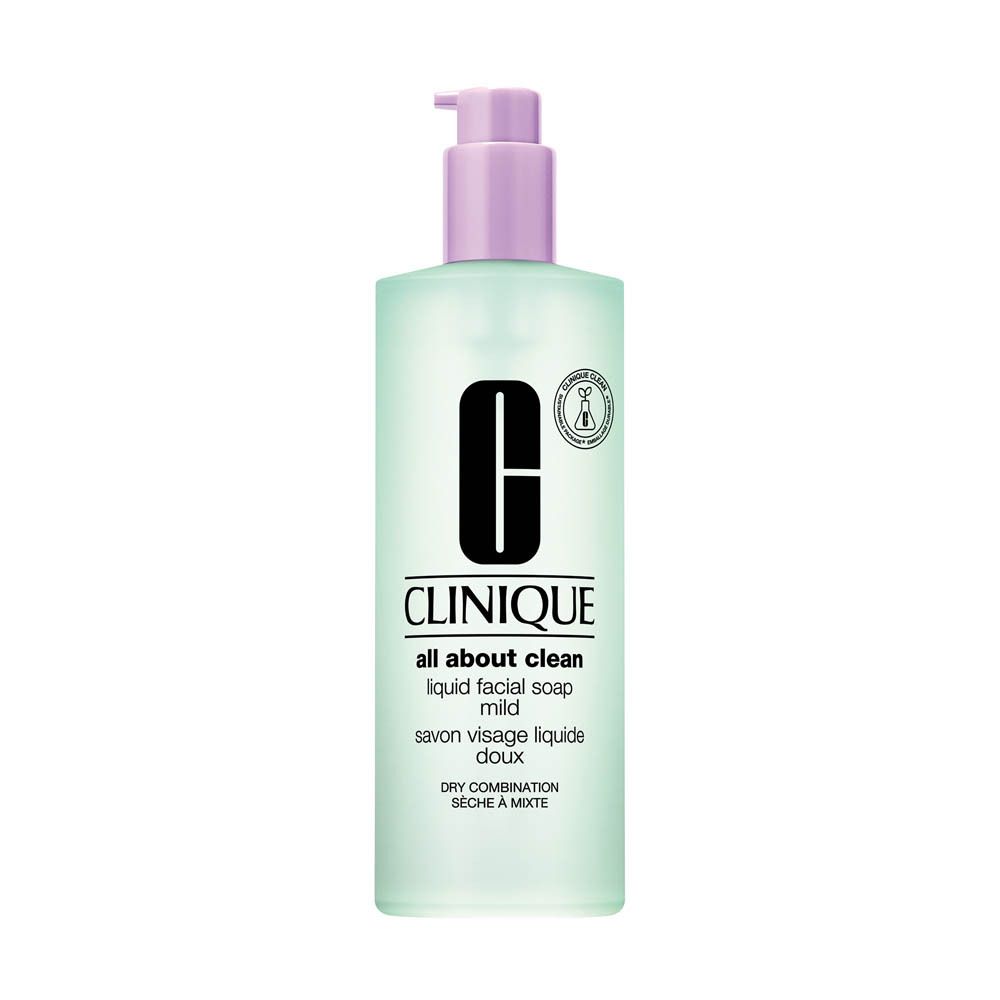 CLINIQUE All About Clean Savon Visage Liquide Doux, flacon de 400ml avec pompe et logo Clinique.