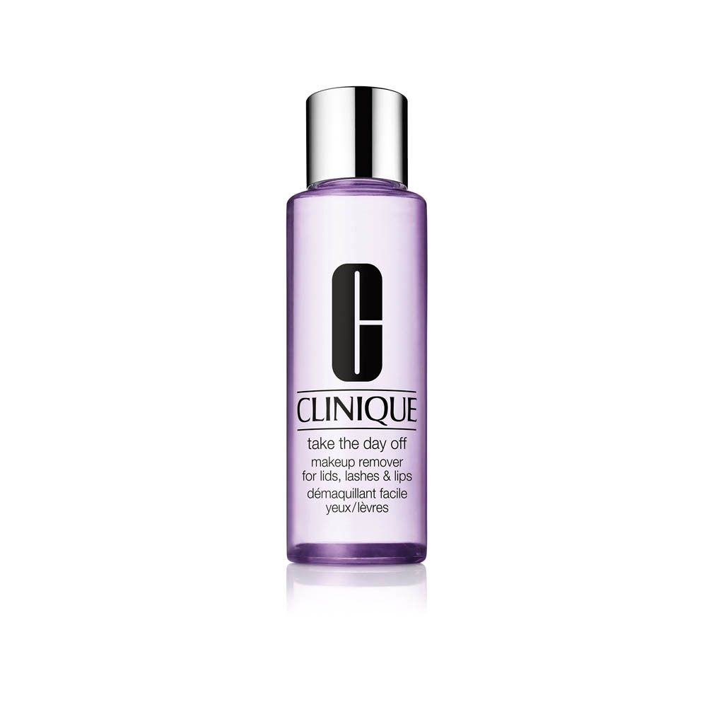 Démaquillant Clinique Take The Day Off, 125 ml, flacon violet avec bouchon argenté.