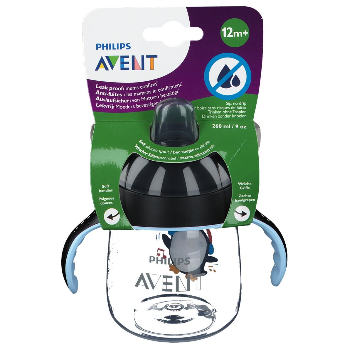 Avent Tasse à bec Anti-Fuite Pinguin Noir 260 ml +12 mois