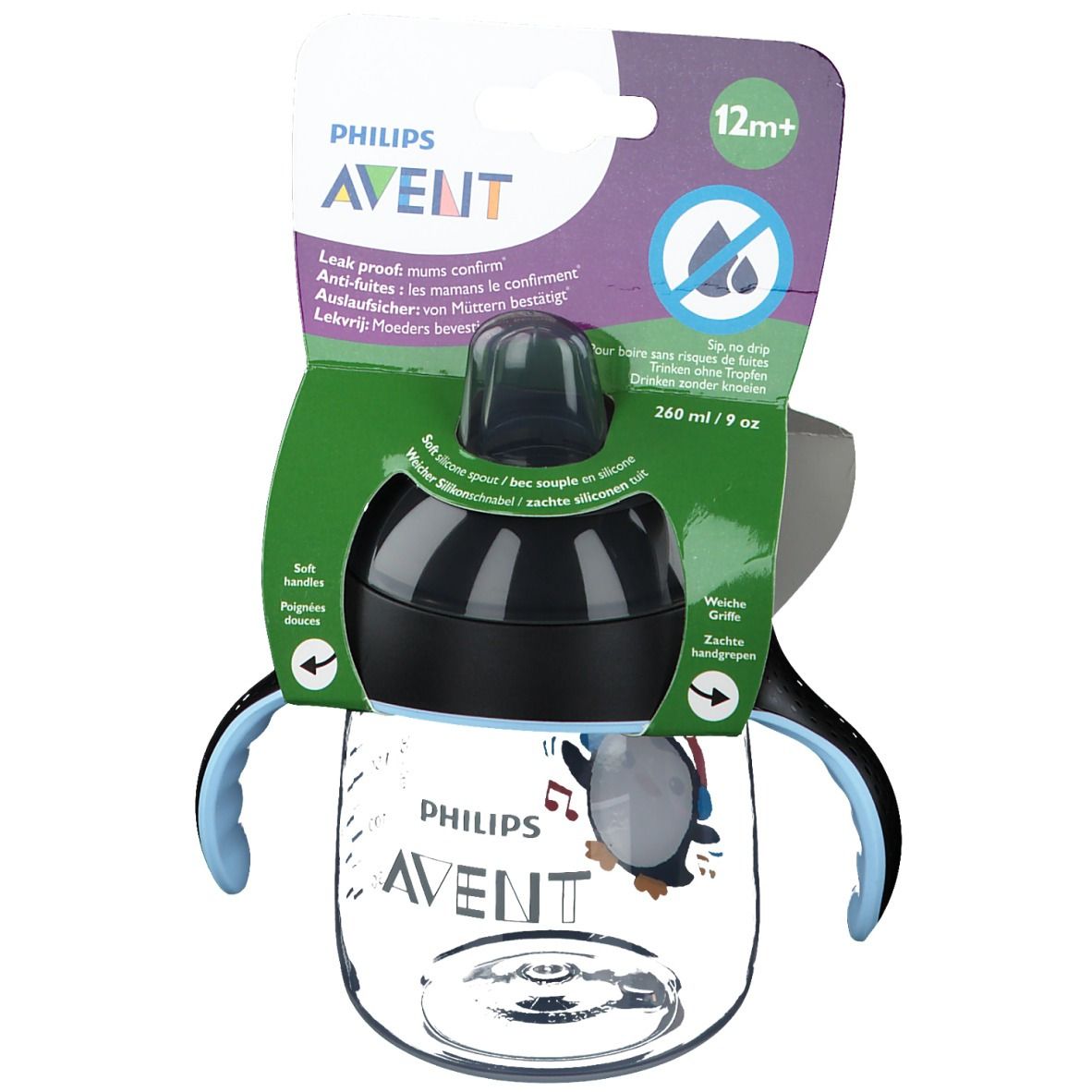Avent Tasse à bec Anti-Fuite Pinguin Noir 260 ml +12 mois