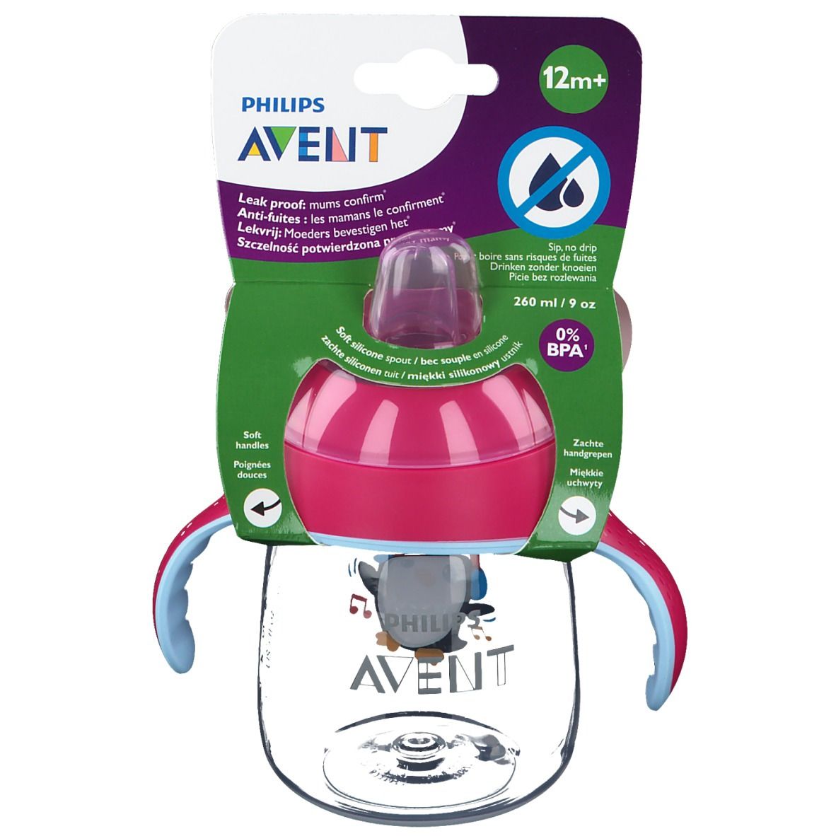 Avent Tasse à bec Anti-Fuite Pinguin Rose 260 ml +12 mois
