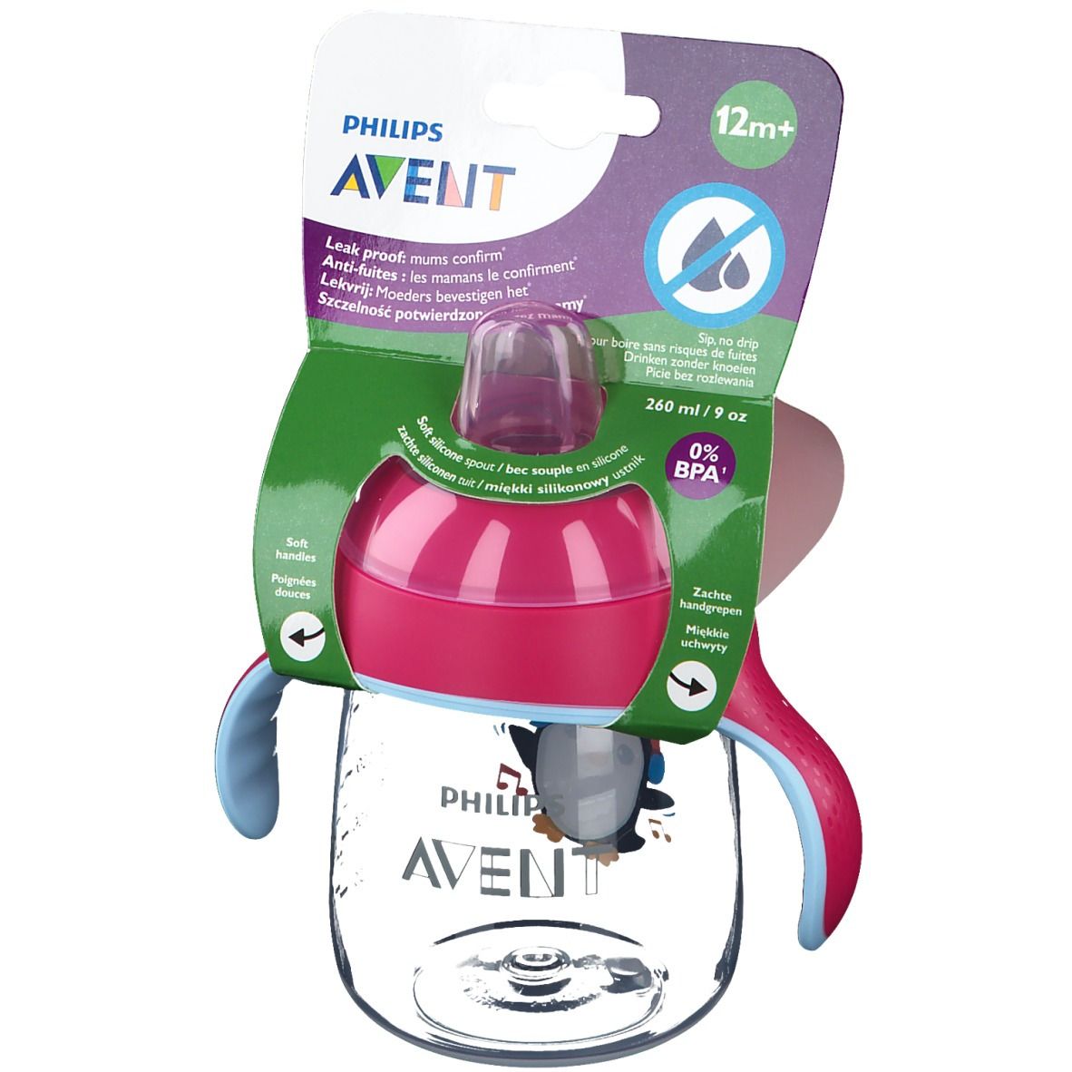 Avent Tasse à bec Anti-Fuite Pinguin Rose 260 ml +12 mois