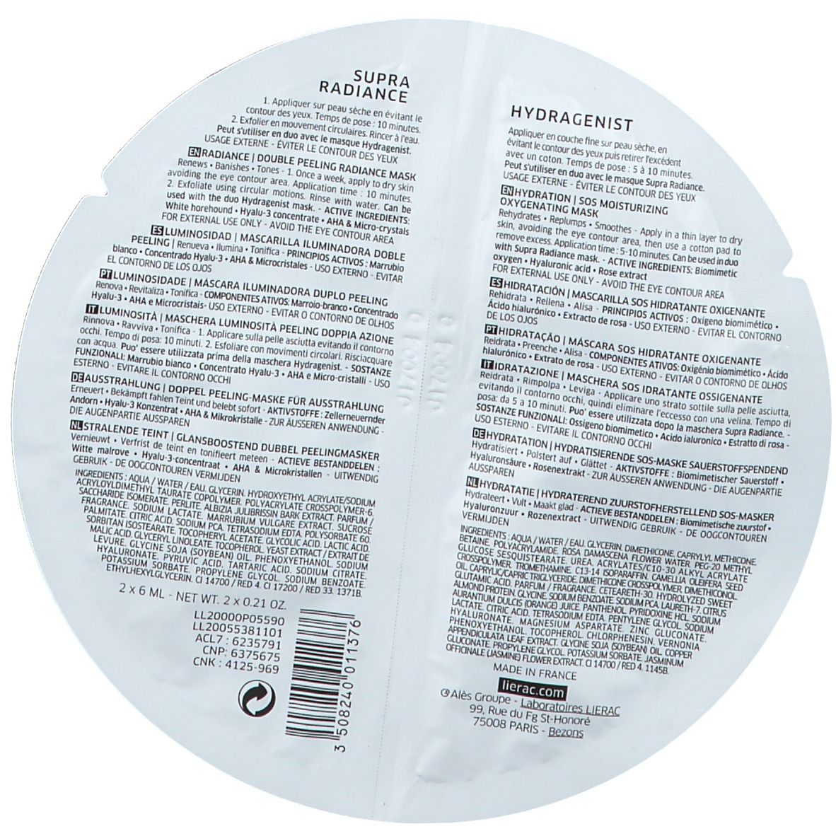 LIERAC HYDRAGENIST Masque SOS hydratant + SUPRA RADIANCE Masque éclat double peeling