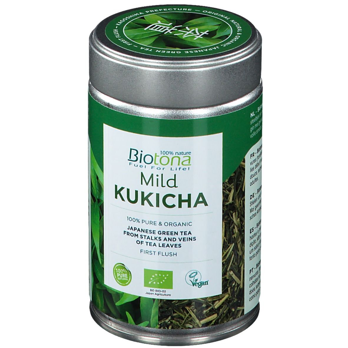 Boîte verte "Biotona Mild Kukicha". Logos bio et vegan. Texte: 100% Pure & Organic Japanese Green Tea.