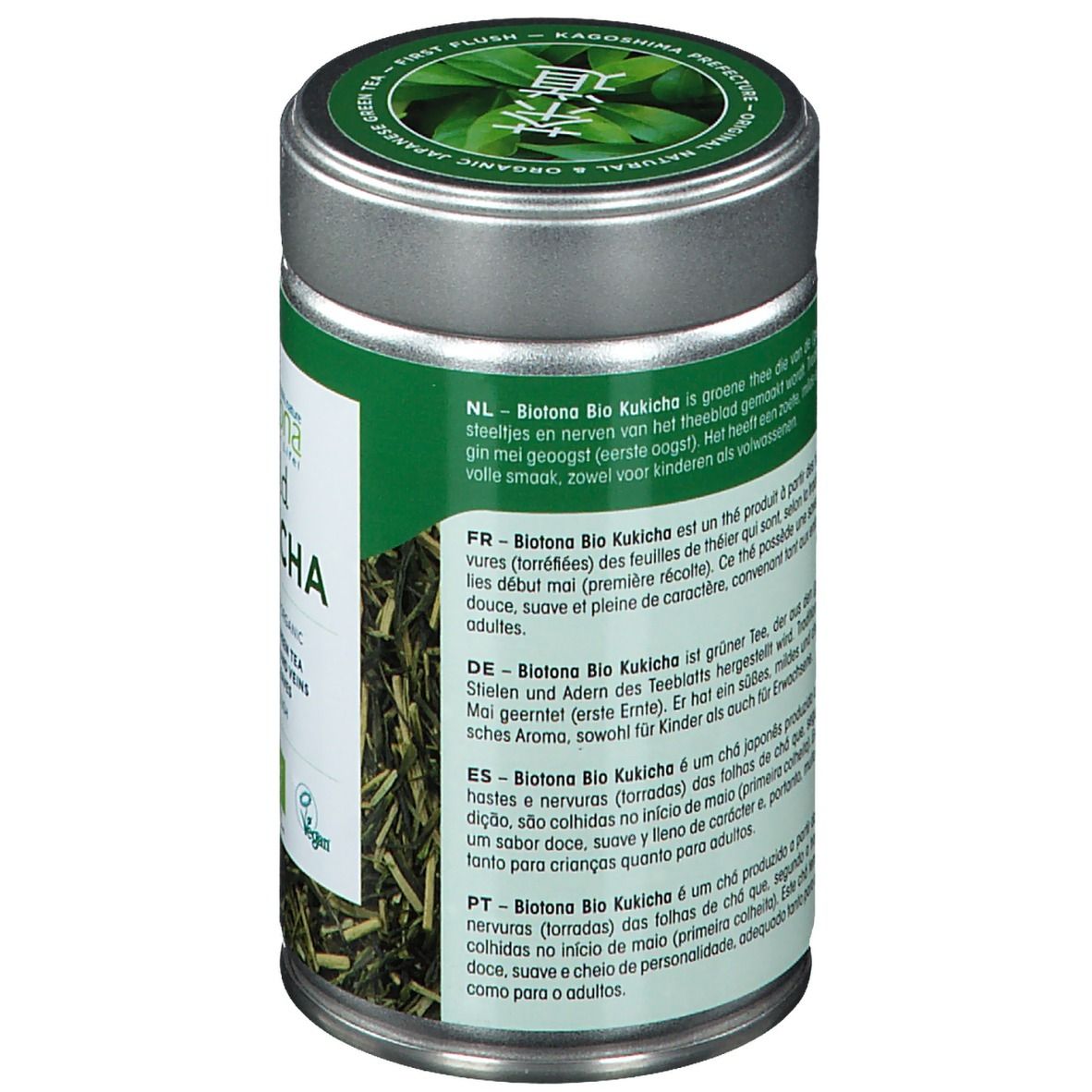 Boîte verte "Biotona Mild Kukicha". Logos bio et vegan. Texte: 100% Pure & Organic Japanese Green Tea.