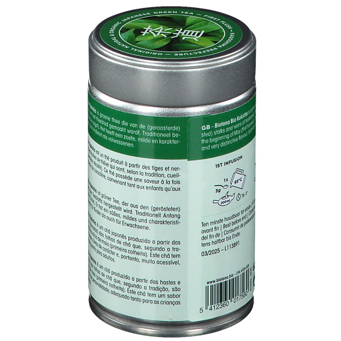 Boîte verte "Biotona Mild Kukicha". Logos bio et vegan. Texte: 100% Pure & Organic Japanese Green Tea.