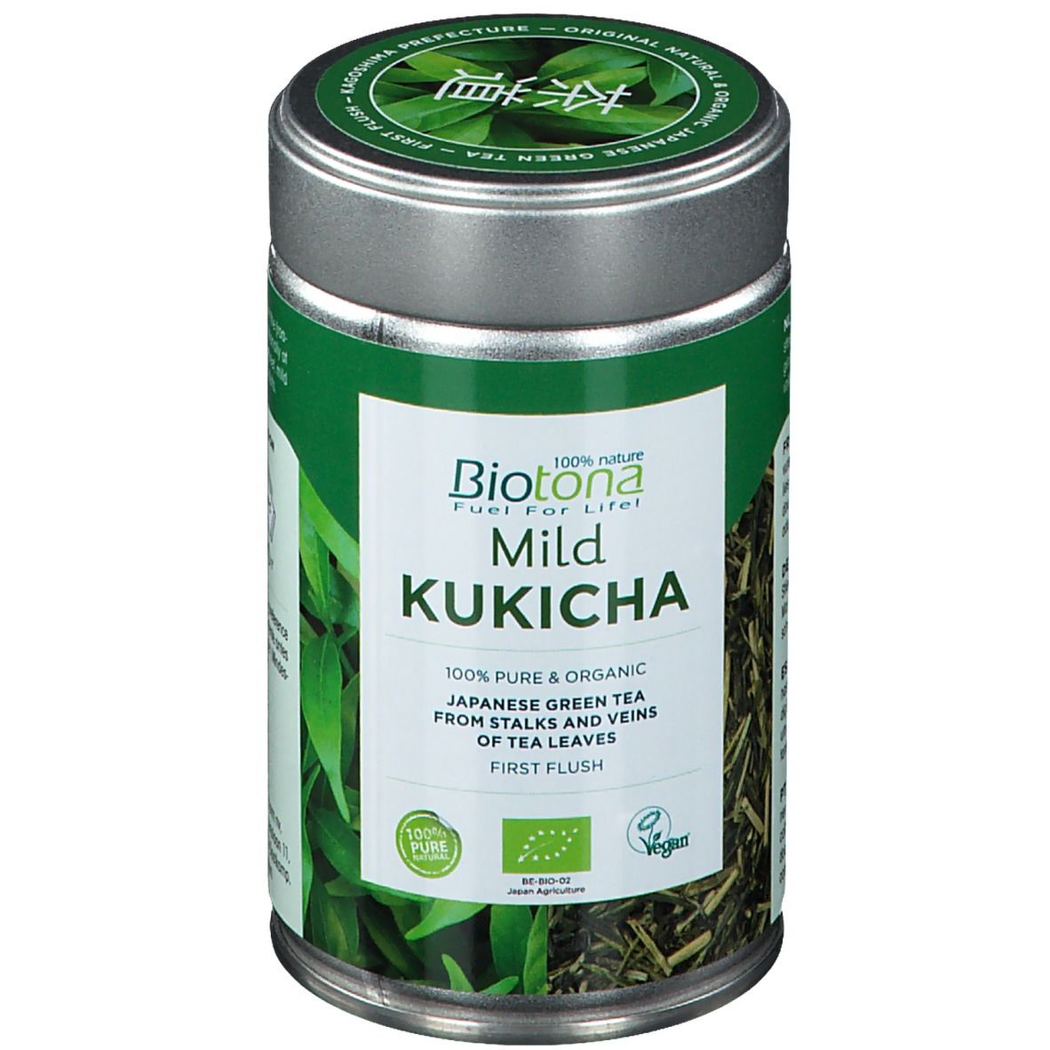 Boîte verte "Biotona Mild Kukicha". Logos bio et vegan. Texte: 100% Pure & Organic Japanese Green Tea.